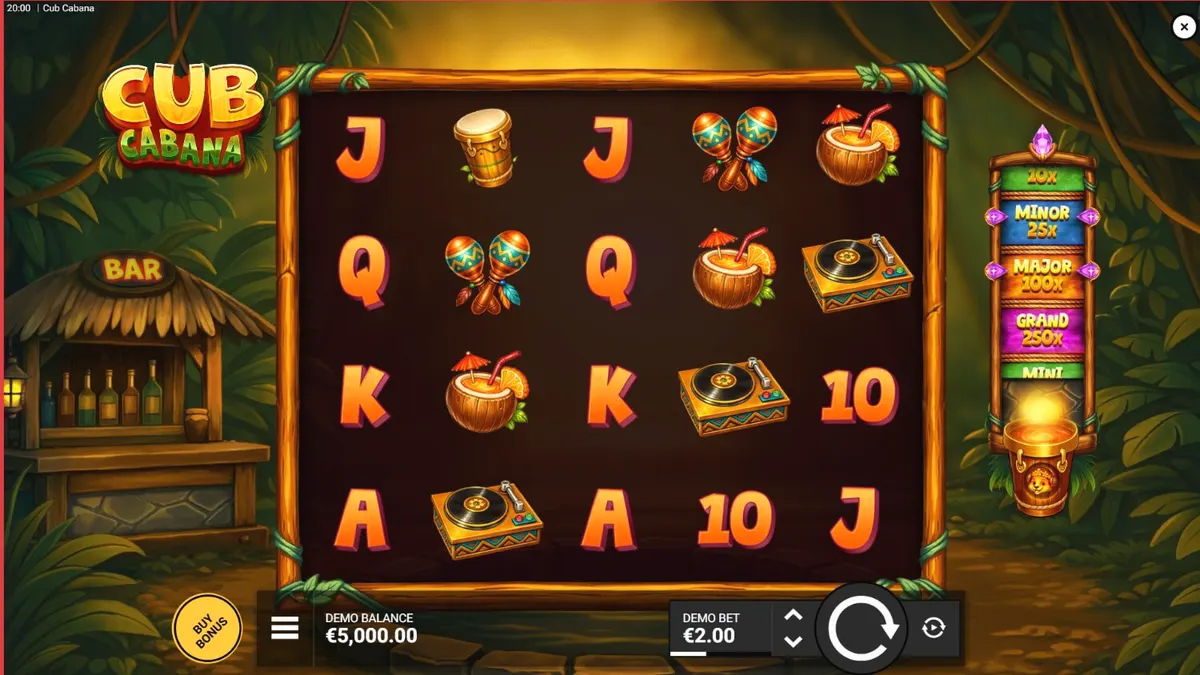 Makulay na tropikal na tema ng Cub Cabana slot na may mga instrumentong pang-musika at cocktail.