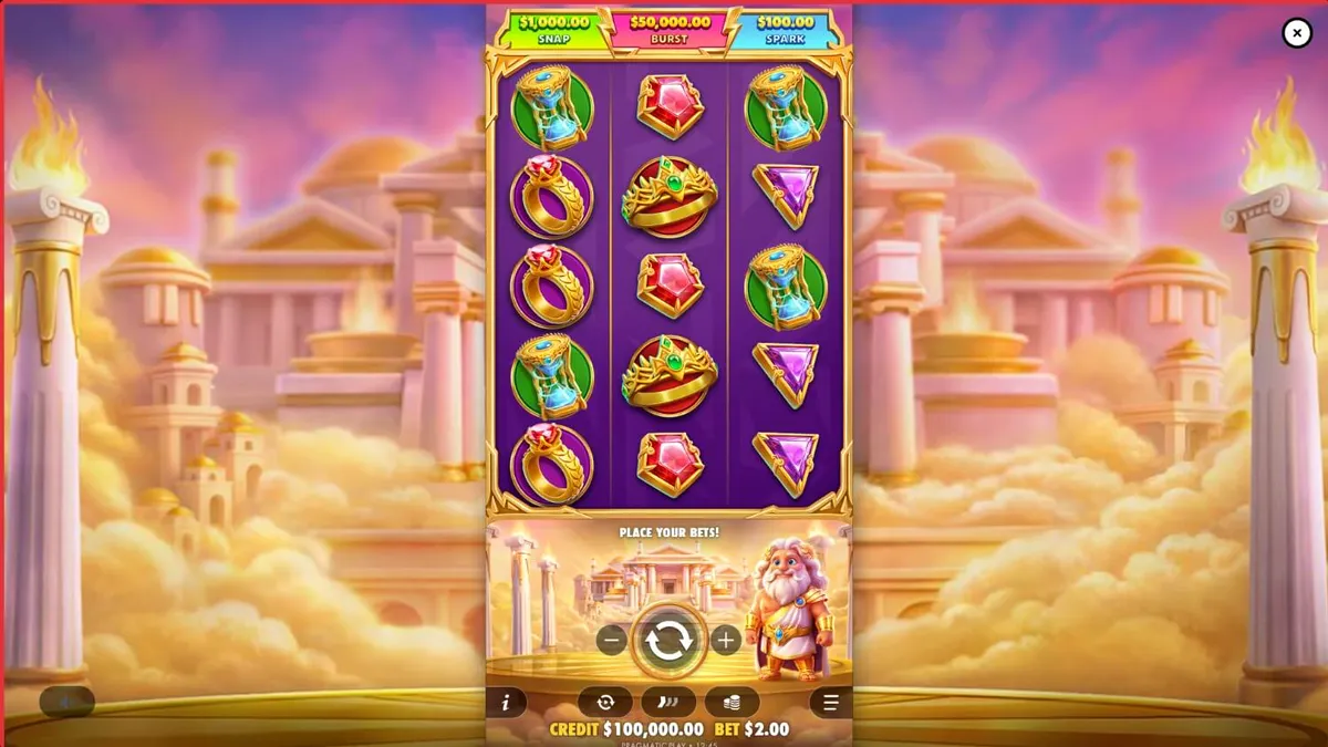 Isang visual na representasyon ng Gates of Olympus POP slot na nagpapakita ng 3x5 grid at ang tema ni Zeus.