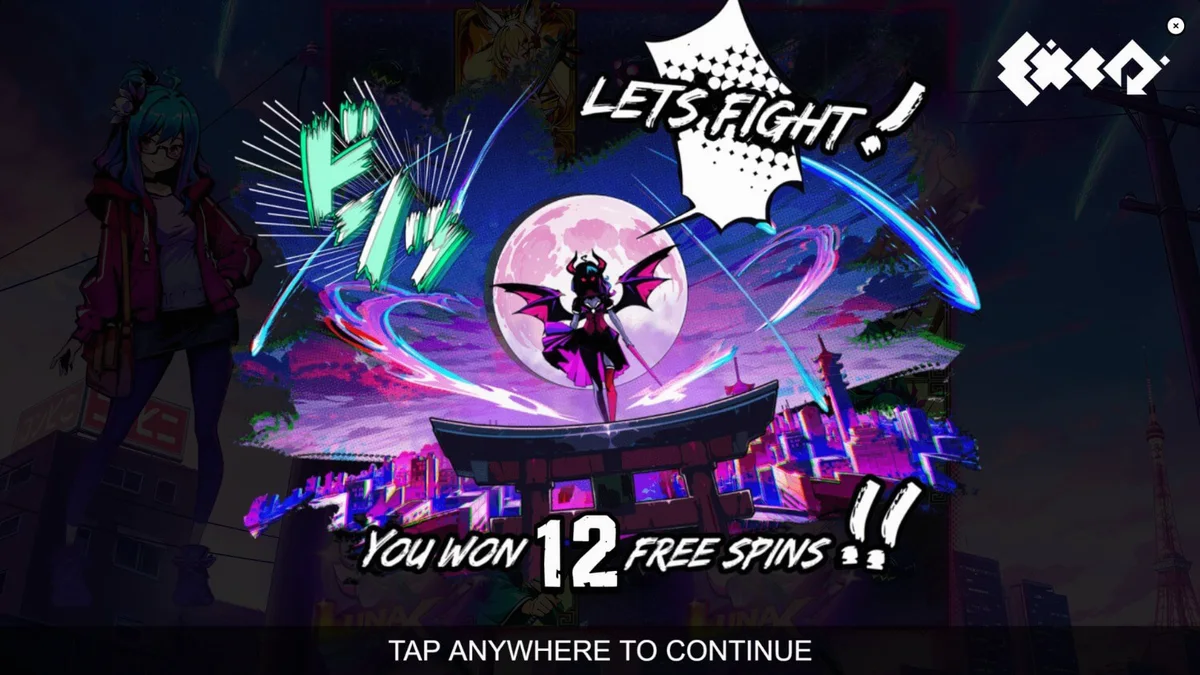 Isang neon-lit na anime-themed slot interface na may mga futuristic na simbolo.